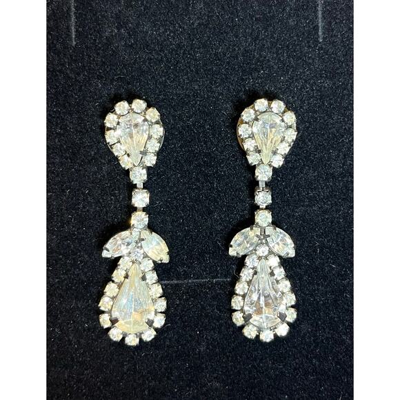 Vintage Rhinestone Drop Earrings – Clear Crystal Teardrop Dangle Silvertone - Picture 3 of 4